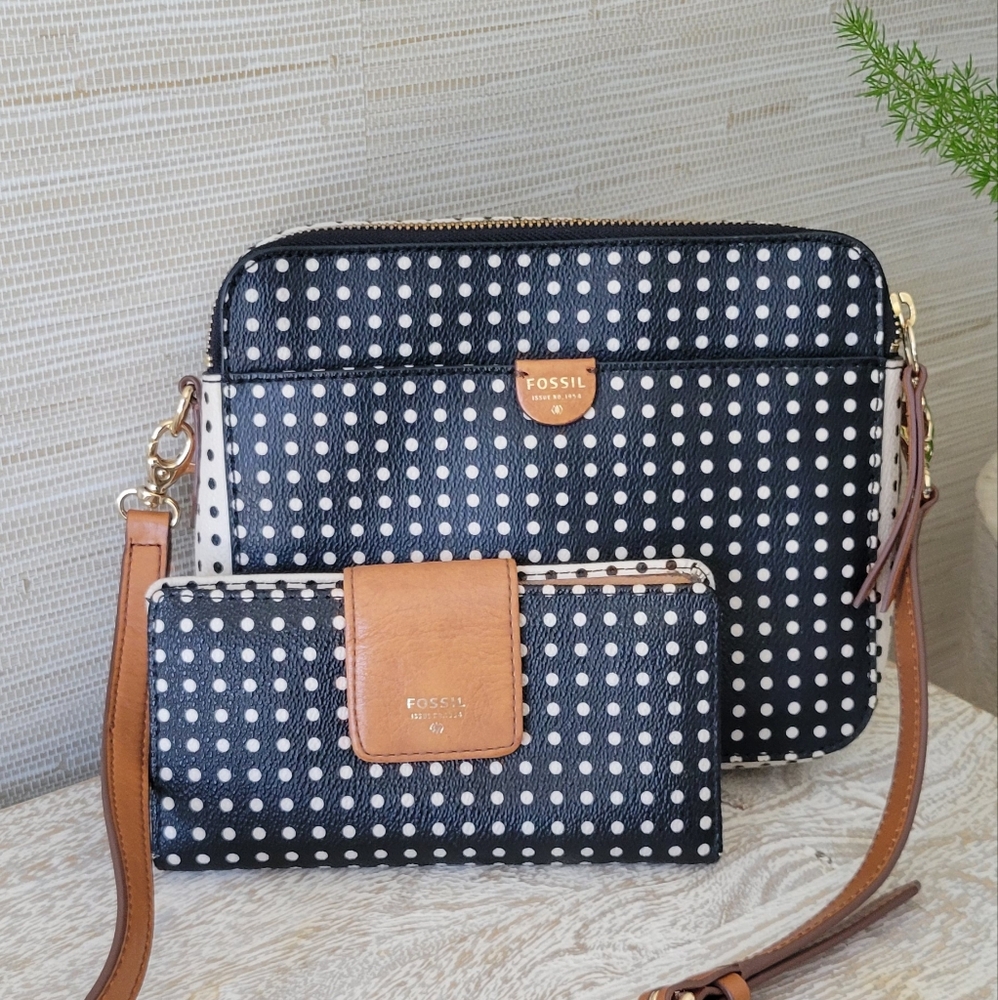 Fossil Crossbody Bags in Black/White and Tan with Leather Accents